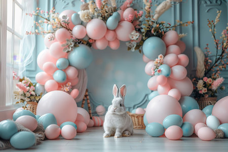 Tranquil bunny sits surrounded by a lush arch of spring flowers and scattered pastel Easter eggsの素材