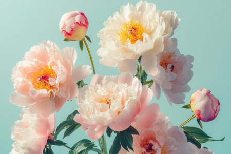 Delicate peonies burst into bloom, their soft colors and layers of petals creating an enchanting display under bright sunlight.の素材