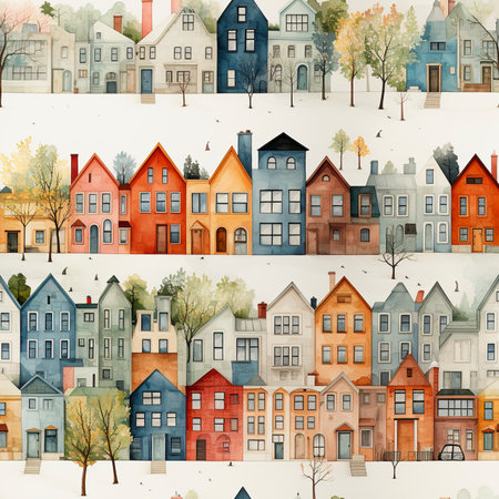 Row of homes in watercolor style seamless pattern tile, created with generative AIの素材