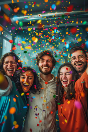 Group of cheerful colleagues reveling in their triumph, hands raised in jubilation under a shower of colorful confetti.の素材