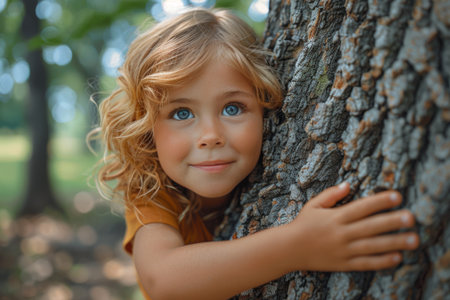 Curly-haired child hugs a tree, portraying innocence and hope for a sustainable future.の素材