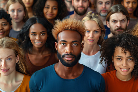Warm mosaic of joy as a diverse group of people share a happy moment together.の素材
