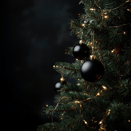 A Christmas tree is decorated with black ornaments and small lights. The scene is dimly lit, highlighting the tree's details. The decorations create a festive atmosphere.の素材