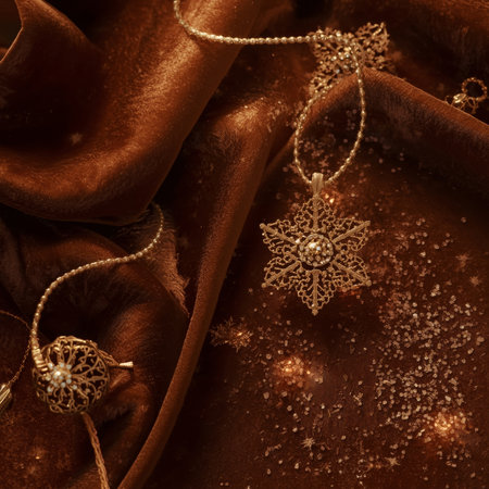 Jewelry pieces are placed on a brown fabric. The scene shows gold decorations that have intricate designs. The setting highlights the details of the ornaments against a soft background.の素材