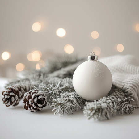 A white ornament rests among pine cones and green foliage. Soft lights create a warm setting. This scene captures the spirit of winter and holiday decor.の素材