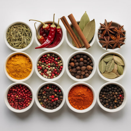 Colorful bowls of spices highlight rich flavors and aromas, inviting creativity and exploration in diverse cuisines.の素材