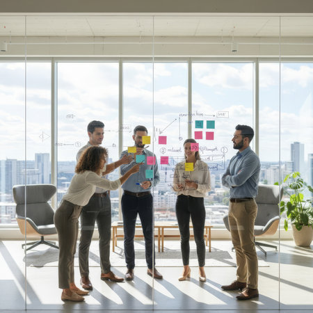 Group of professionals gathers in a bright office with glass walls. They discuss ideas using sticky notes on a board. The city skyline is visible through large windows.の素材