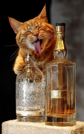 An amusing orange cat sits confidently on two bottles, playfully sticking its tongue out in a warm, inviting atmosphere.の素材