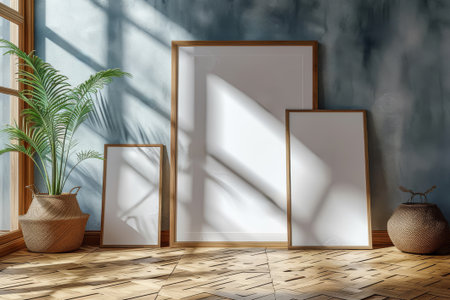 Sunlit art studio with blank frames ready for creativityの素材