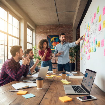 A group of four people is gathered around a table in an office. One person is pointing at a wall covered in sticky notes while others watch and listen. Laptops are open, and coffee cups are present.の素材
