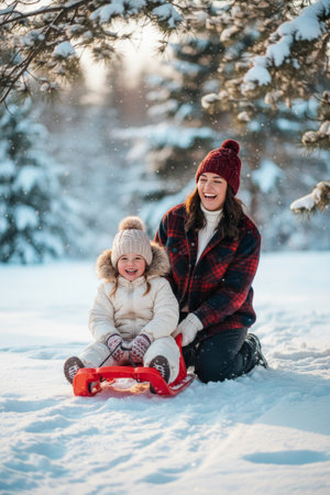 A woman and a child sit on a sled in the snow. They smile and laugh together. Soft snow falls from the trees in the background. They enjoy the winter weather and fun.の素材