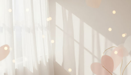 Sunlight comes through sheer curtains in a room. Shadows form on the wall. Light decorations create a warm feel. The space has a soft and inviting look.の素材