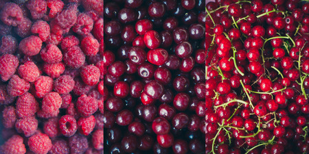 Raspberry cherry red currant. Fresh juicy berries. Background.の写真素材