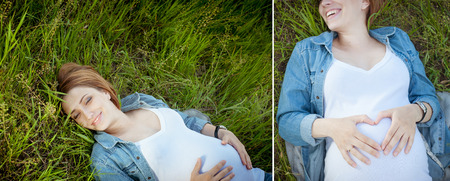 Collage. Smiling happy pregnant woman lying on the grass and makes a heart-shaped hands on her belly.の写真素材