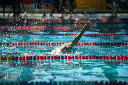 Swimmer boy swims backstroke swimming style in the pool