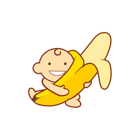 child kid and banana logo icon cartoon flat concept vector graphic designのイラスト素材