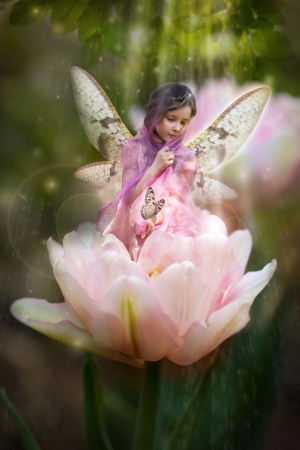 Sweet little fairy in pink tulipの写真素材