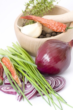 aromatic herbs, onion, garlic and spicesの写真素材