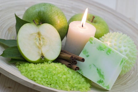 aromatic apple bath - bar of soap, bath salt, fresh applesの写真素材