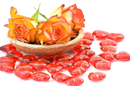 Tea roses and glass heartsの写真素材
