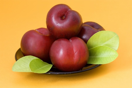 fresh plum fruits with green leaves isolated on white background