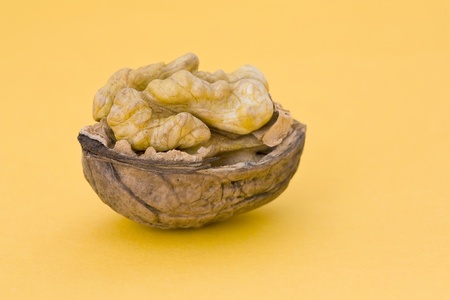 walnuts isolated on orange backgroundの写真素材