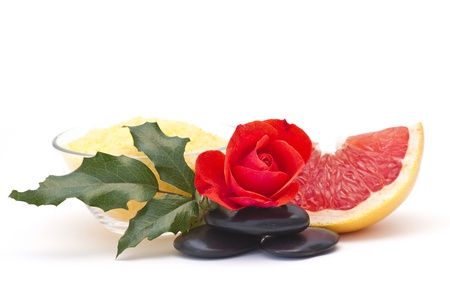 grapefruit bath salt, fresh fruits and massage stonesの写真素材