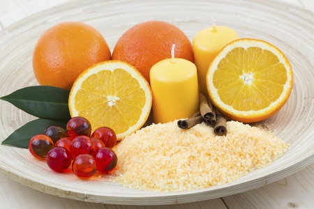 orange bath salt with fresh fruits - beauty treatmentの写真素材