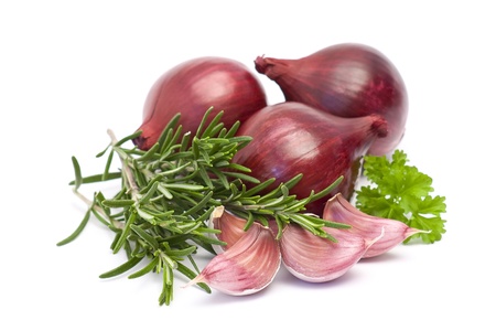 red onion, garlic and fresh rosemaryの写真素材