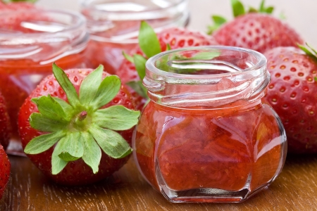 strawberry jam and fresh strawberriesの写真素材