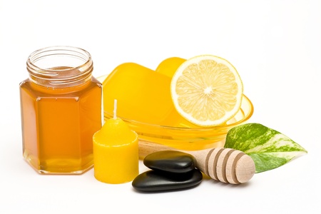 glycerin soap, jar of honey and lemon の写真素材