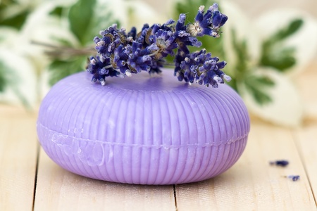 lavender soap and lavender flowersの写真素材