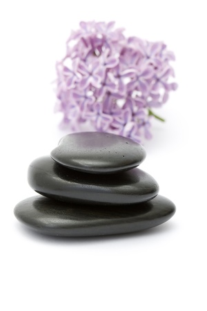 massage stones and lilac flowersの写真素材