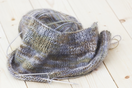 Woollen thread and knitting needle. Needlework accessories isolated on white background.の写真素材