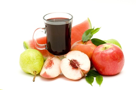glass of fruit juice and fresh fruitsの写真素材