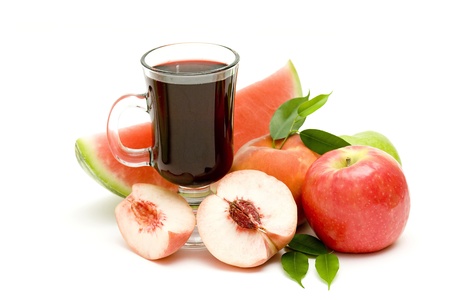 glass of fruit juice and fresh fruits isolated on white の写真素材