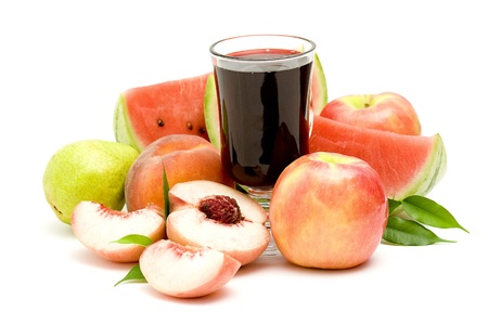 glass of fruit juice and fresh fruits isolated on white の写真素材