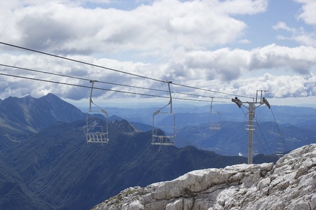 empty chairlifts in Julian Alps, Sloveniaの写真素材