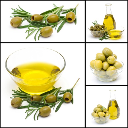 a collage of five pictures of many olives and olive oilの写真素材