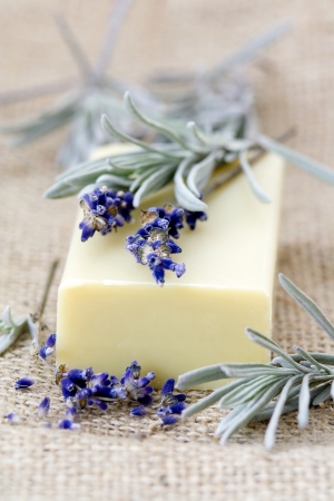 bar of natural soap and lavenderの写真素材