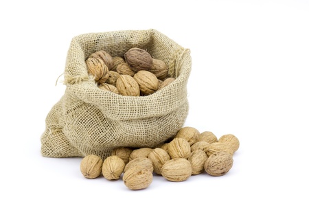 Burlap sack full of whole walnuts isolated on white backgroundの写真素材