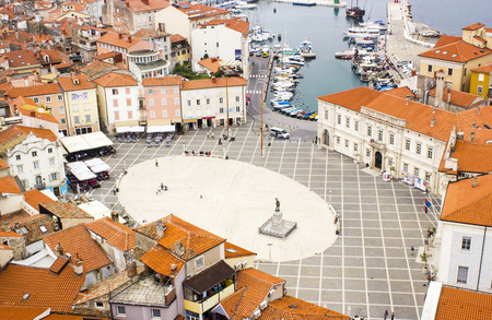 old town Piran - beautiful Slovenian adriatic coast, aerial view of Tartini Square.のeditorial素材