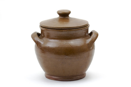 Clay jug, old ceramic vase isolated on white backgroundの写真素材