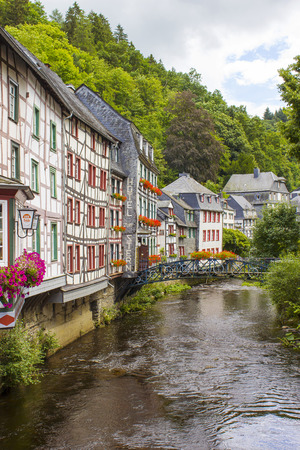 MONSCHAU, GERMANY - JULY 30, 2016: small town Monschau in the Eifel region. The historic town center has many half-timbered houses and narrow streets remained nearly unchanged for 300 yearsのeditorial素材