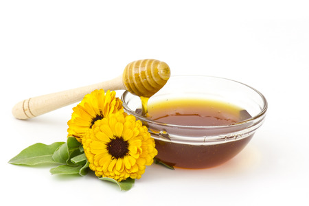 honey and calendula flowers on white backgroundの写真素材