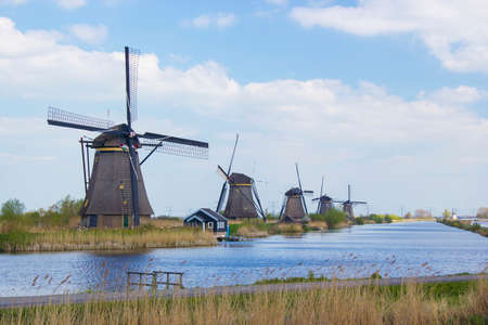 rural landscape with windmills at famous tourist site Kinderdijk in Netherlands. This system of 19 windmills was built around 1740 and is a UNESCO heritage siteのeditorial素材