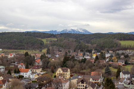 town of Pitten - view from the fortifications of the mountain church, Lower Austriaのeditorial素材