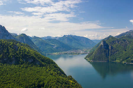 Traunsee lake with alps mountain and city Traunkirchen from hill Kleiner Schonberg. Austria...