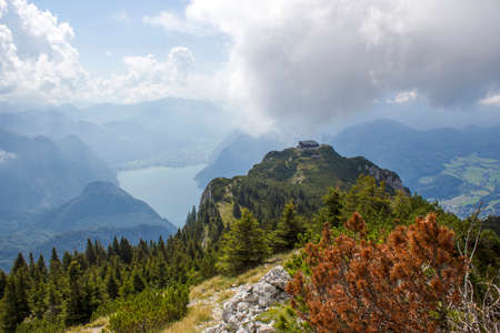 Lake Traunsee and Alps seen from Traunstein, Upper Austria, Austriaの写真素材
