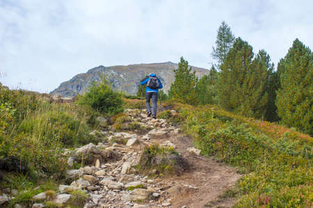 man trekking in the mountains, Alps in Austria, Styriaの写真素材